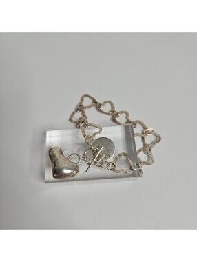 Sterling Silver Hammered Open Heart Link Charm Bracelet Puffy Heart Toggle Y2K